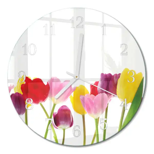 Hodiny s fotkou skleněné kulaté Barevné tulipány