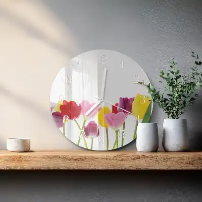 Hodiny s fotkou skleněné kulaté Barevné tulipány