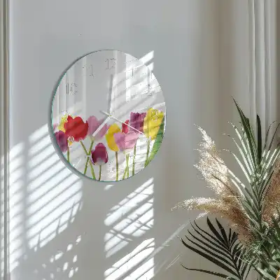 Hodiny s fotkou skleněné kulaté Barevné tulipány