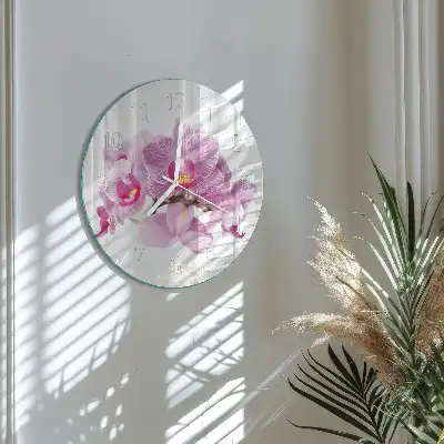 Kulaté skleněné hodiny na zeď Orchideje
