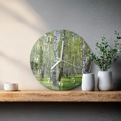 Kulaté skleněné hodiny na stěnu Březový les