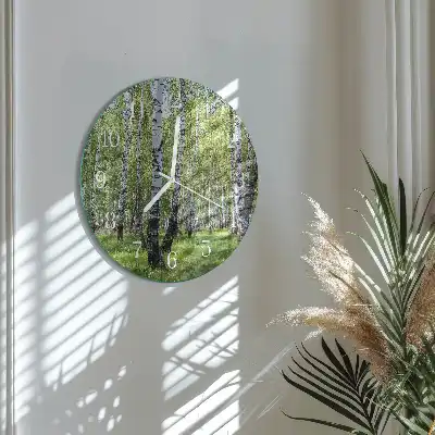 Kulaté skleněné hodiny na stěnu Březový les