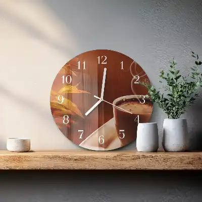 Kulaté skleněné hodiny na zeď Káva