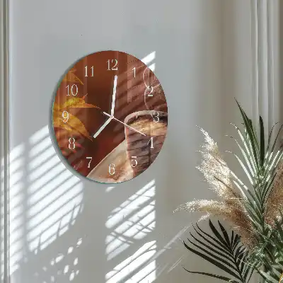 Kulaté skleněné hodiny na zeď Káva