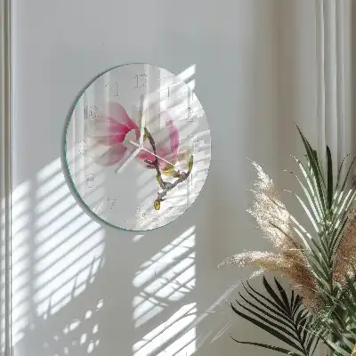 Nástěnné hodiny skleněné kulaté Květ magnólie