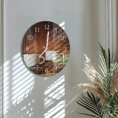 Kulaté skleněné hodiny na stěnu Šálky kávy