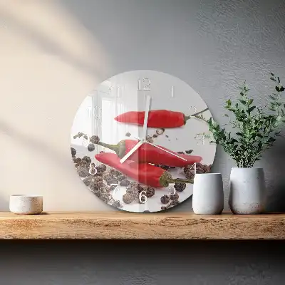 Kulaté skleněné hodiny na zeď Chilli papričky