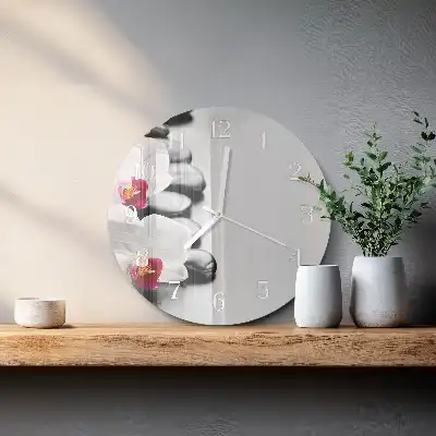 Kulaté skleněné hodiny na stěnu Kameny a orchidej