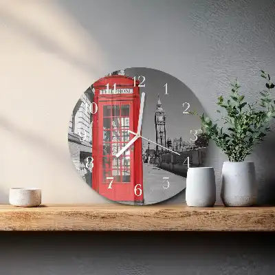 Kulaté skleněné hodiny na zeď Červená telefonní budka