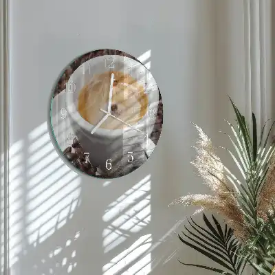 Kulaté skleněné hodiny na stěnu Šálek kávy