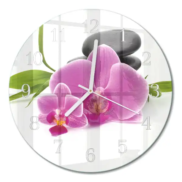 Kulaté skleněné hodiny na zeď Orchidej