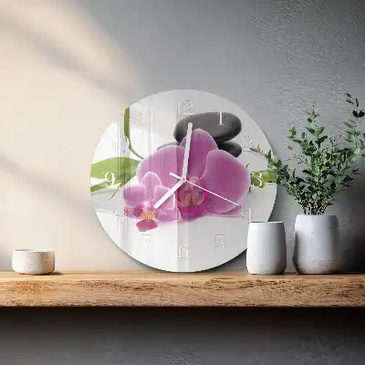 Kulaté skleněné hodiny na zeď Orchidej