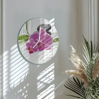 Kulaté skleněné hodiny na zeď Orchidej