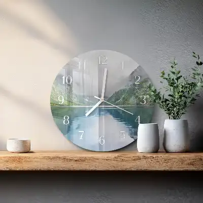 Hodiny s fotkou skleněné kulaté Horské jezero