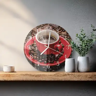 Kulaté skleněné hodiny na stěnu Šálek kávy