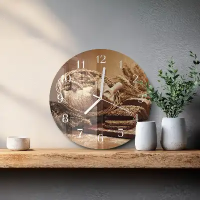Kulaté skleněné hodiny na zeď Chléb