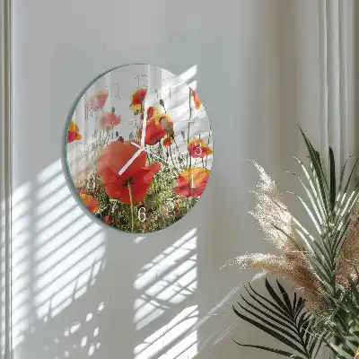 Kulaté skleněné hodiny na zeď Vlčí máky
