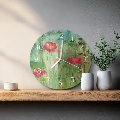 Kulaté skleněné hodiny na stěnu Vlčí máky