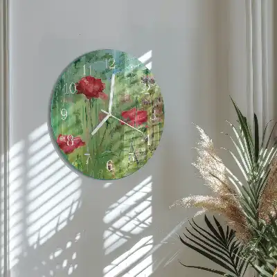 Kulaté skleněné hodiny na stěnu Vlčí máky