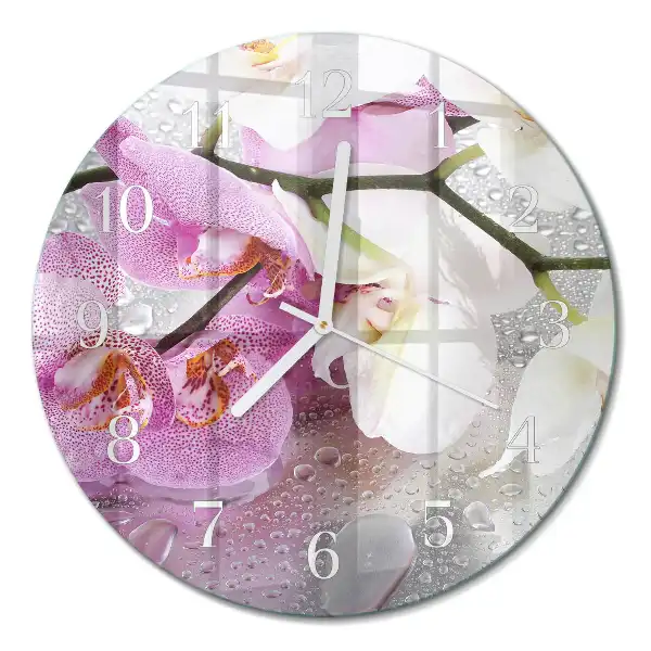 Kulaté skleněné hodiny na zeď Orchidej