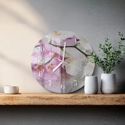 Kulaté skleněné hodiny na zeď Orchidej