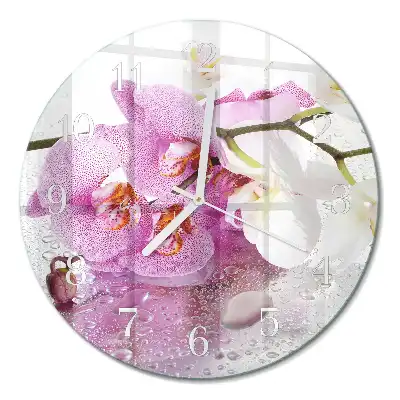 Kulaté skleněné hodiny na zeď Orchidej