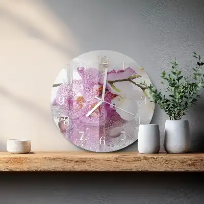 Kulaté skleněné hodiny na zeď Orchidej