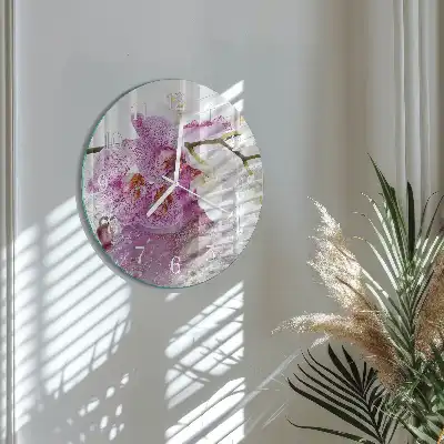 Kulaté skleněné hodiny na zeď Orchidej
