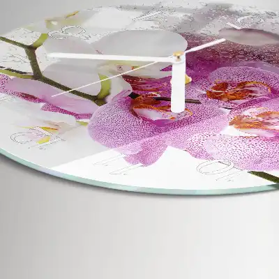 Kulaté skleněné hodiny na zeď Orchidej