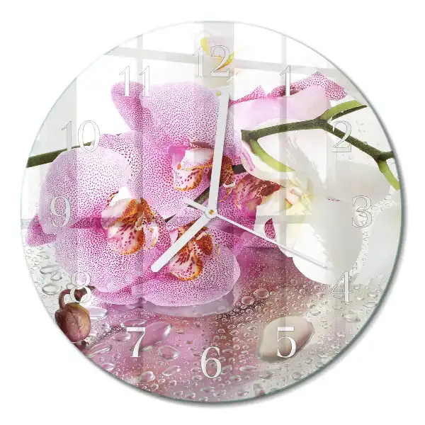 Hodiny s fotkou skleněné kulaté Orchidej