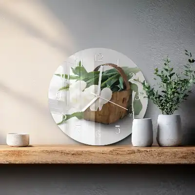 Nástěnné hodiny skleněné kulaté Košík tulipánů