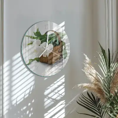 Nástěnné hodiny skleněné kulaté Košík tulipánů
