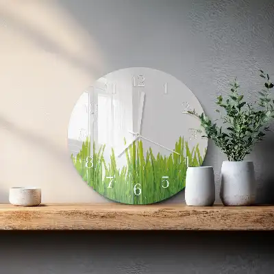 Kulaté skleněné hodiny na zeď Tráva
