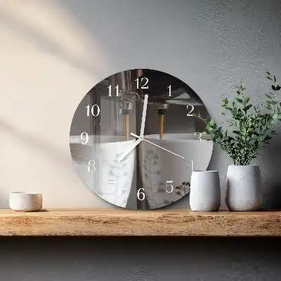 Kulaté skleněné hodiny na stěnu Kávovar