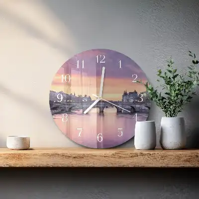 Kulaté skleněné hodiny na stěnu Město na řece