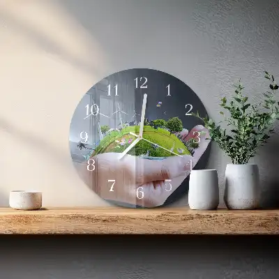 Kulaté skleněné hodiny na zeď Země v ruce