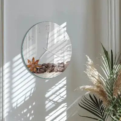 Kulaté skleněné hodiny na stěnu Kávová zrna
