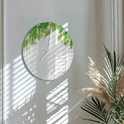Kulaté skleněné hodiny na zeď Listy