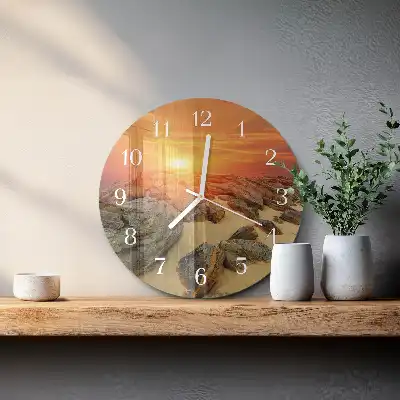 Kulaté skleněné hodiny na stěnu Západ slunce