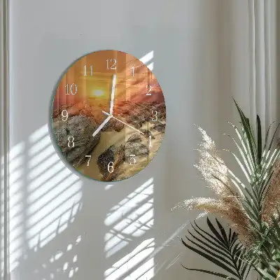 Kulaté skleněné hodiny na stěnu Západ slunce