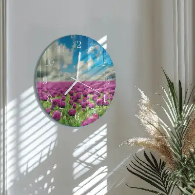 Kulaté skleněné hodiny na stěnu Tulipány