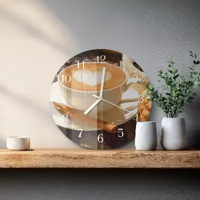 Kulaté skleněné hodiny na zeď Kávové srdce
