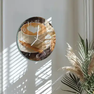 Kulaté skleněné hodiny na zeď Kávové srdce