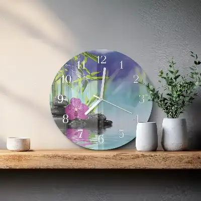 Hodiny s fotkou skleněné kulaté Lázně s orchidejími