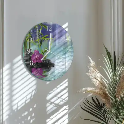 Hodiny s fotkou skleněné kulaté Lázně s orchidejími