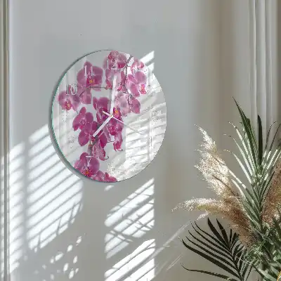 Kulaté skleněné hodiny na zeď Orchidej
