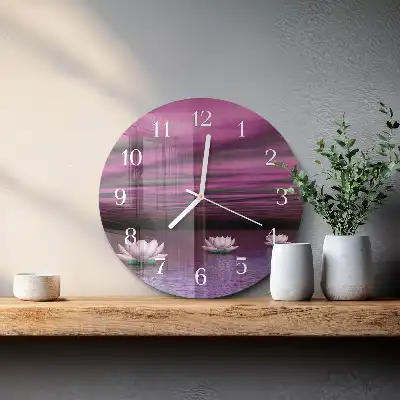 Kulaté skleněné hodiny na stěnu Lekníny