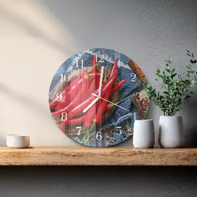 Nástěnné hodiny skleněné kulaté Chilli paprička