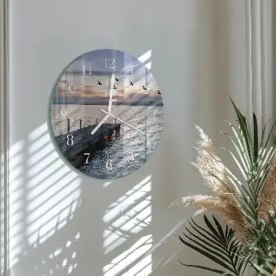 Hodiny na skle kulaté Ptáci u jezera