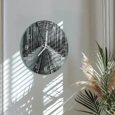 Hodiny s fotkou skleněné kulaté Železniční koleje